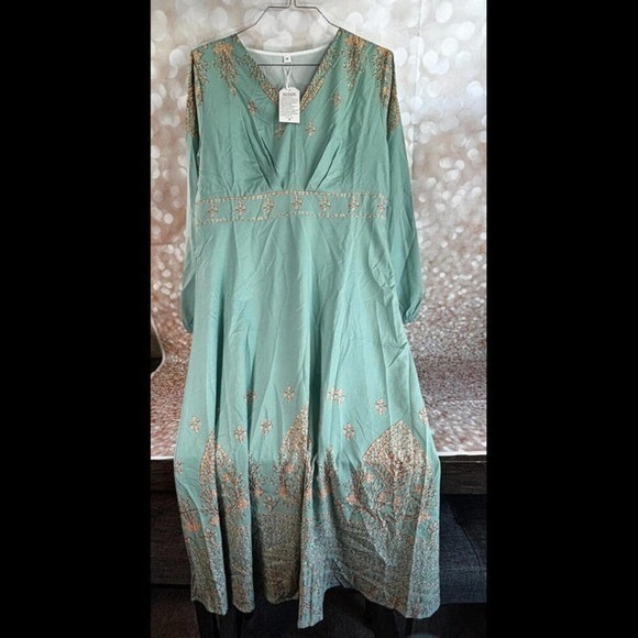 Bohemian Embroidered V Neck Maxi Dress Teal Long Sleeve Flowy Resortwear XL - Picture 3 of 8